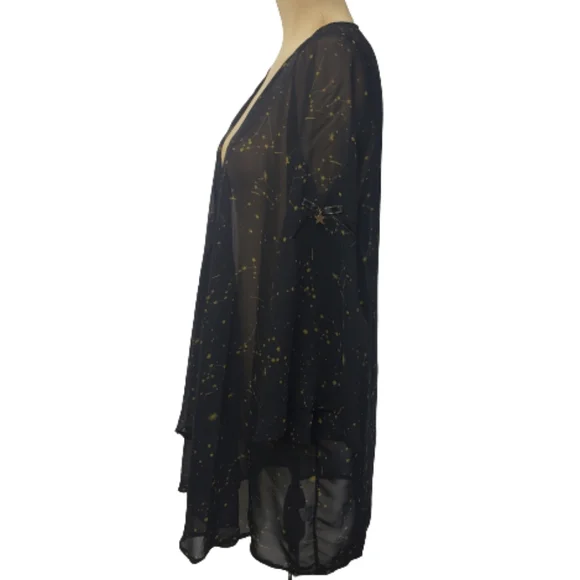 SOLD Black Sheer Gold Astrology Constellation Print Bell Sleeved Kimono Sz M - Picture 4 of 10